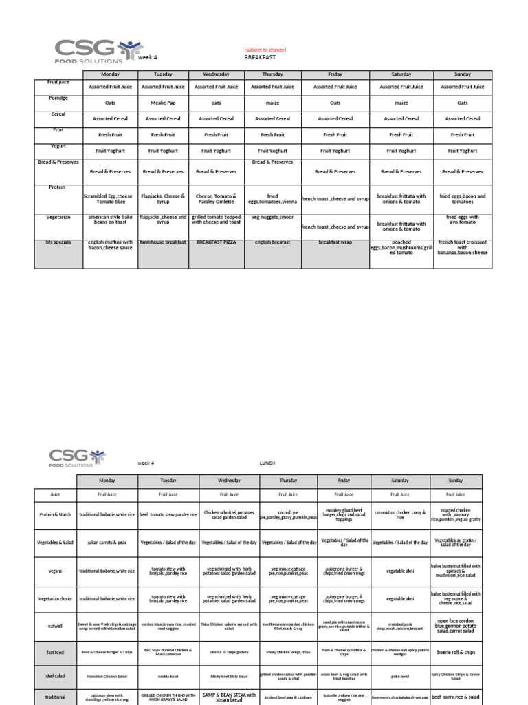 Weekly Meal Plan: Breakfast, Lunch, Dinner | PDF | Salad | French Fries