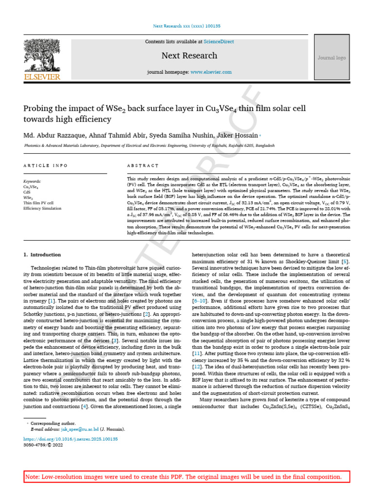 WSe2 Impact on Cu3VSe4 Solar Cell Efficiency | PDF | Solar Cell | Thin ...