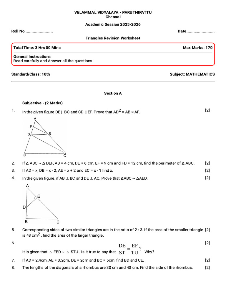 10th Grade Mathematics Triangles Worksheet | PDF | Perpendicular | Triangle