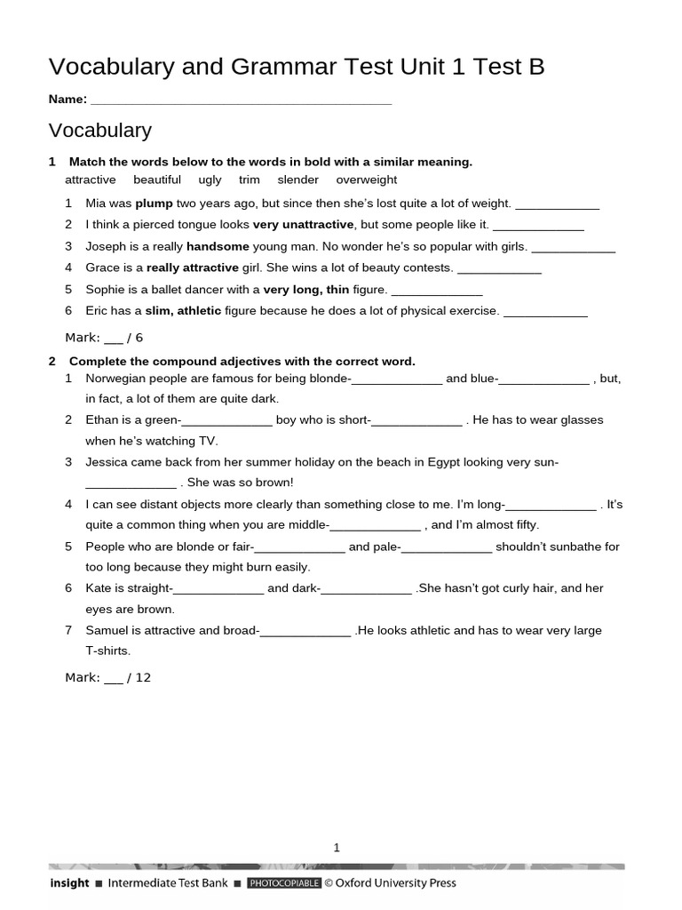 Vocabulary and Grammar Test B | PDF