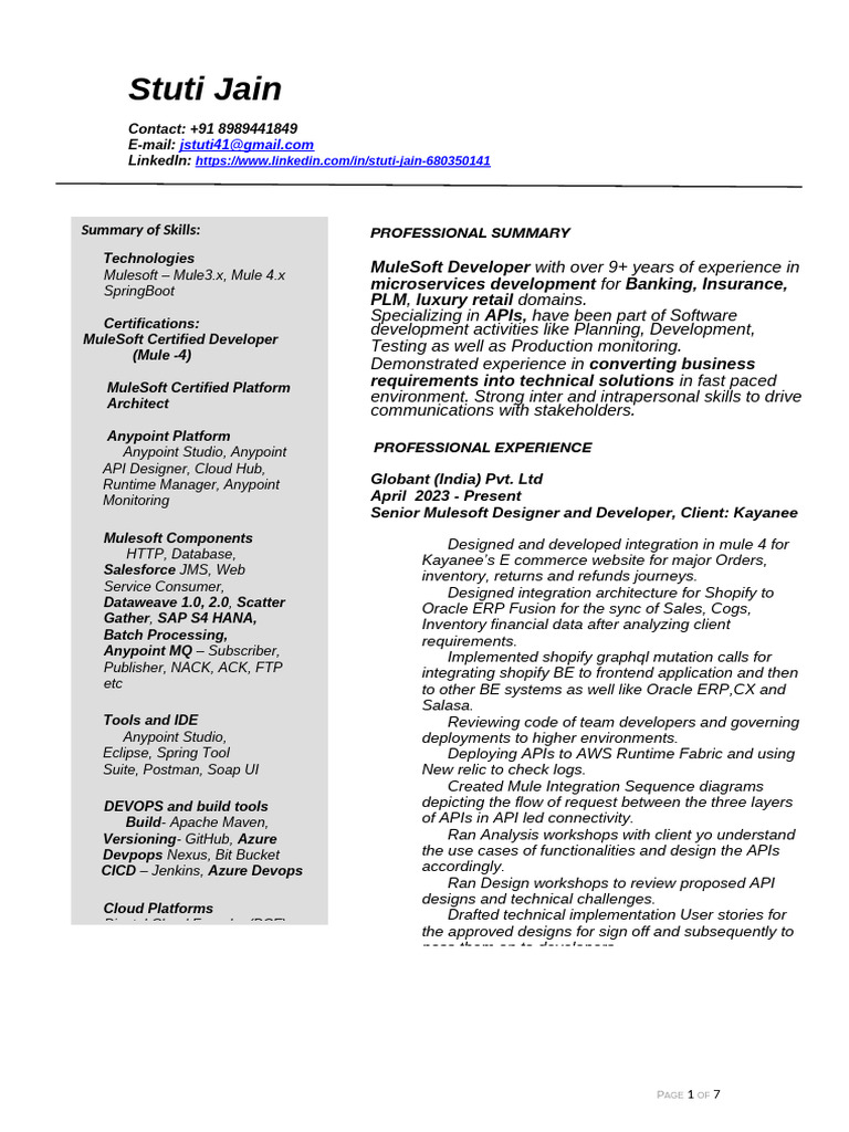 Experienced MuleSoft Developer Profile | PDF | Software Development ...