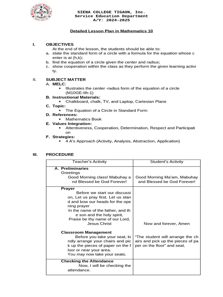 Mathematics 10 Lesson Plan: Circle Equations | PDF | Lesson Plan ...
