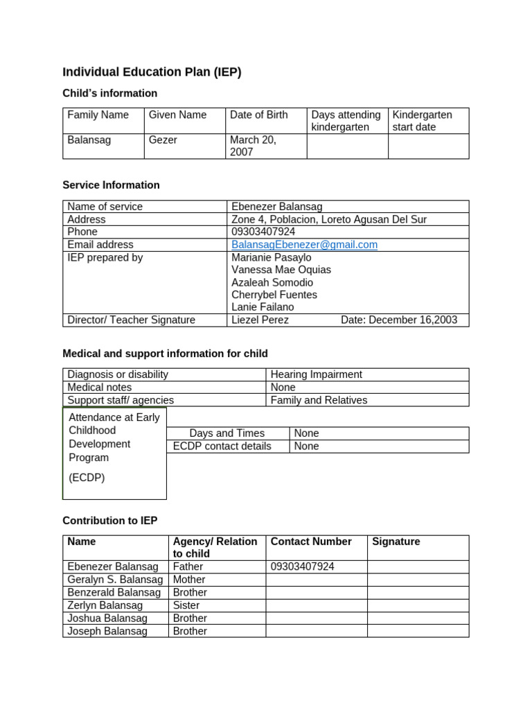 Individual Education Plan for Hearing Impairment | PDF