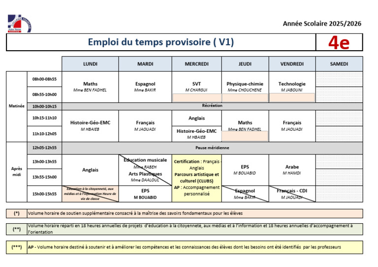 Emploi du temps scolaire 2025/2026 | PDF