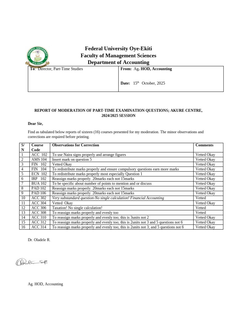 Moderation Report for Part-Time Exams 2025 | PDF