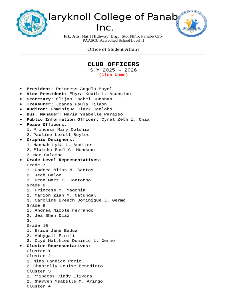 Maryknoll College Club Officers 2025-2026 | PDF