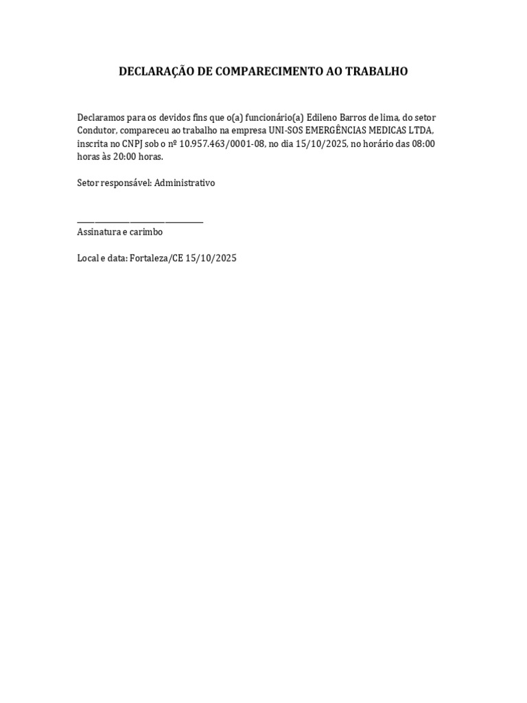 Declaração de Comparecimento ao Trabalho | PDF