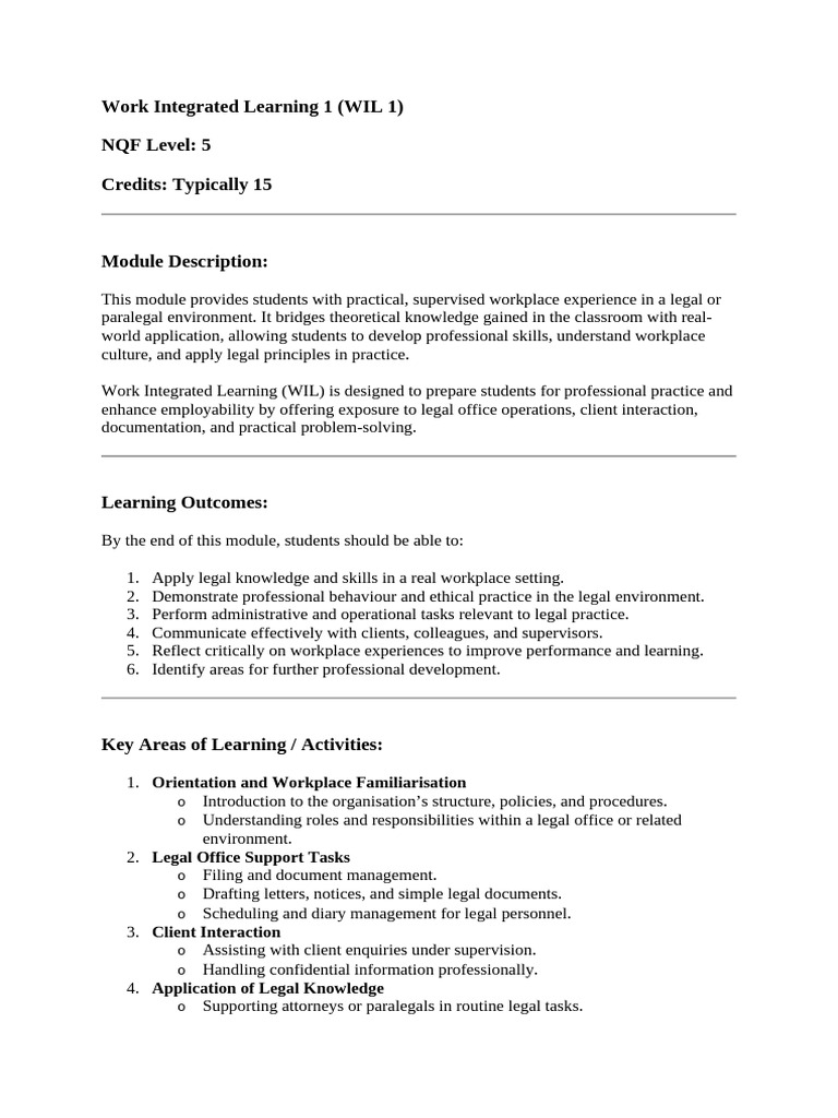 Practical Legal Experience Module WIL 1 | PDF | Learning | Skill
