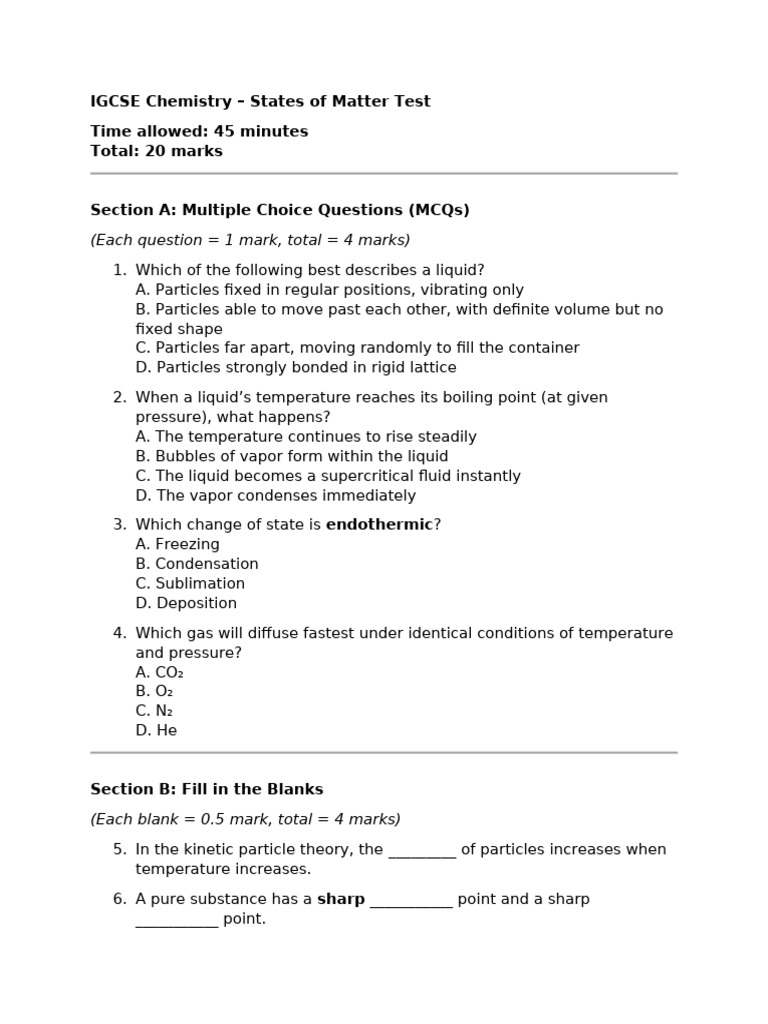 IGCSE Chemistry States of Matter Test | PDF | Gases | Liquids