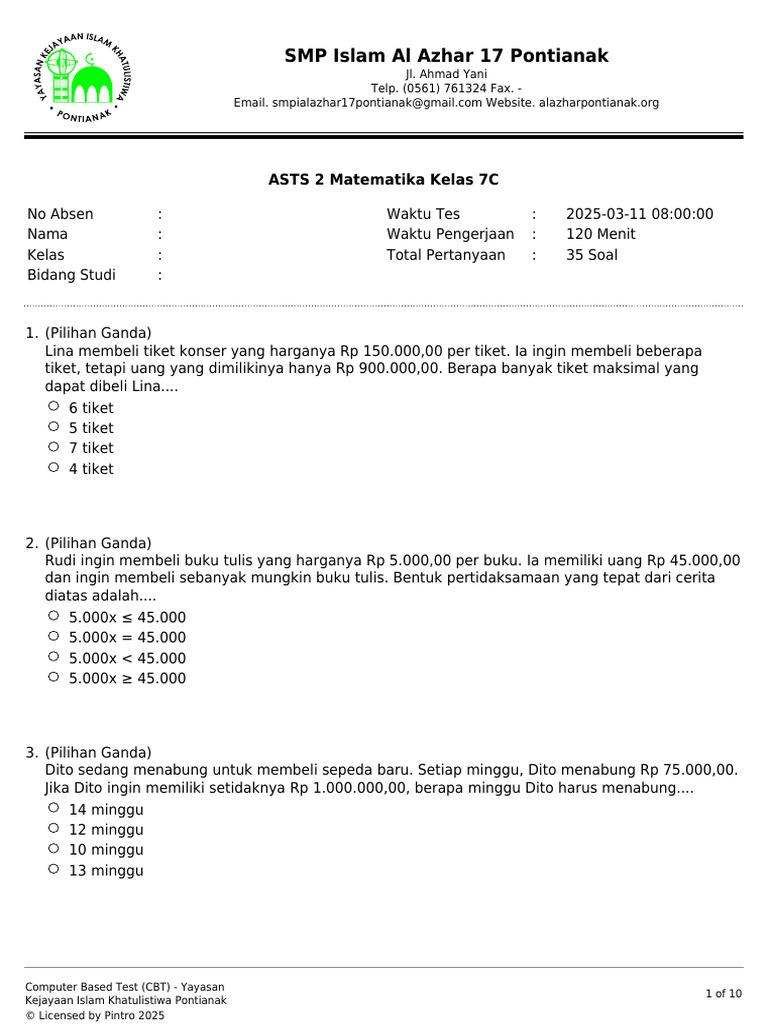 ASTS 2 Matematika Kelas 7C | PDF
