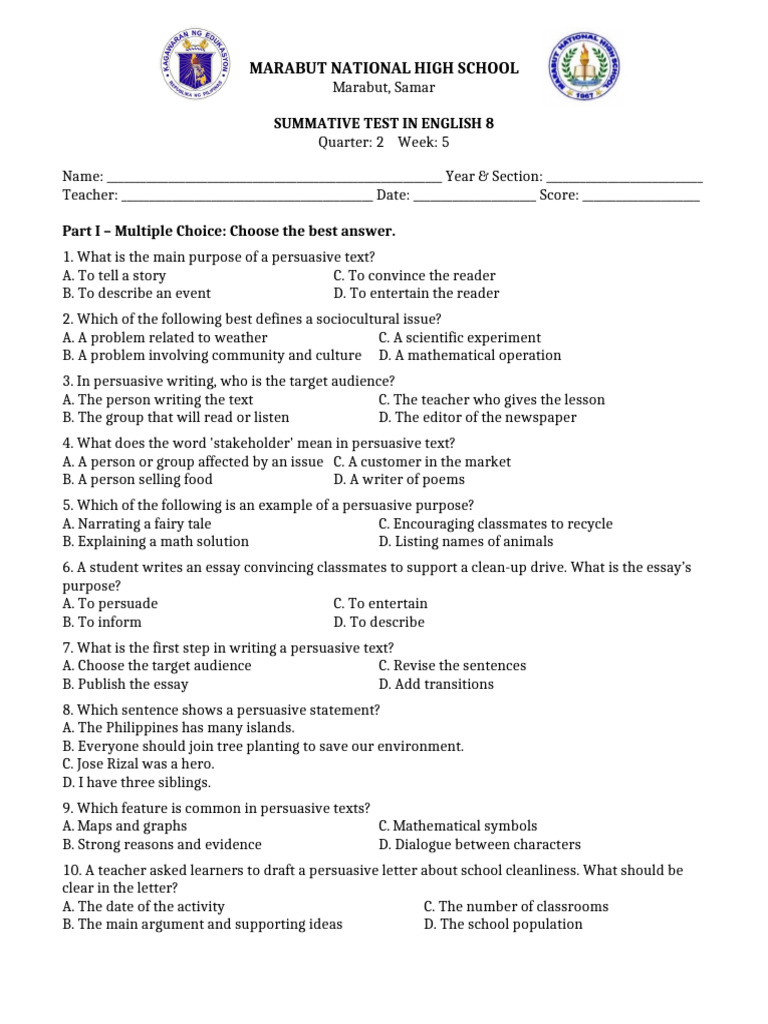 English 8 Summative Test: Persuasive Writing | PDF | Truth | Essays