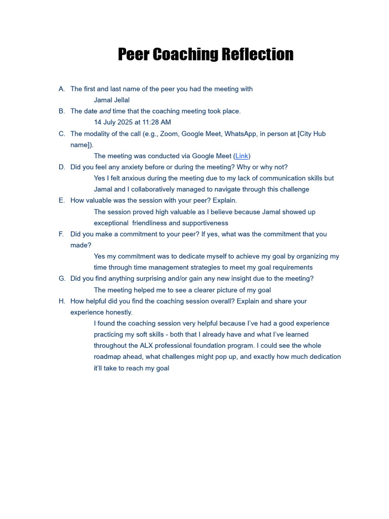 Peer Coaching Reflection | PDF