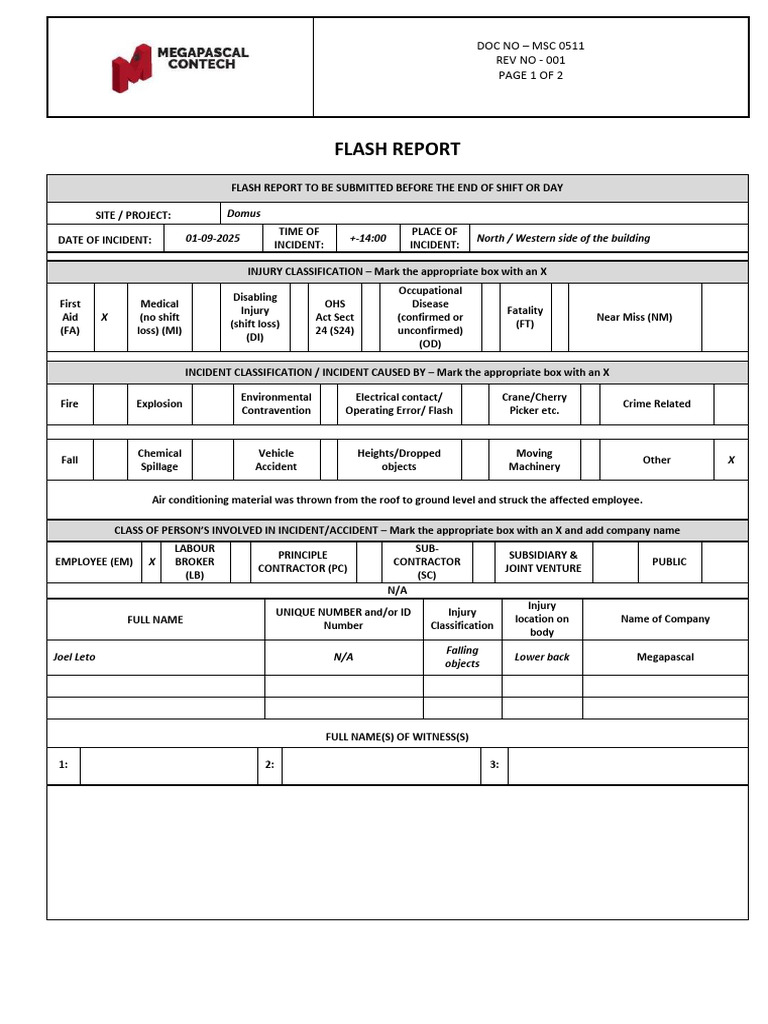 HSE Incident Flash Report Megapascal - Domus - 02-09-2025 | PDF ...