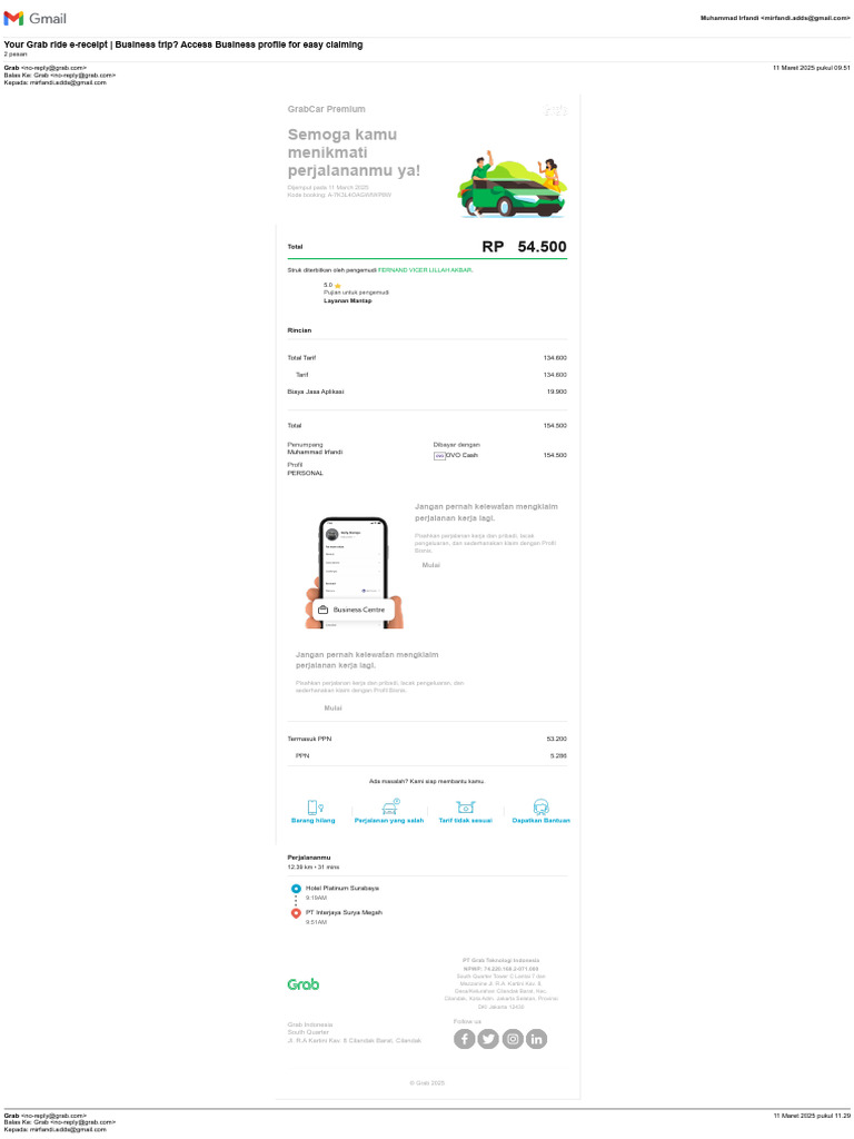 E-Receipt Grab: Rincian Perjalanan Bisnis | PDF