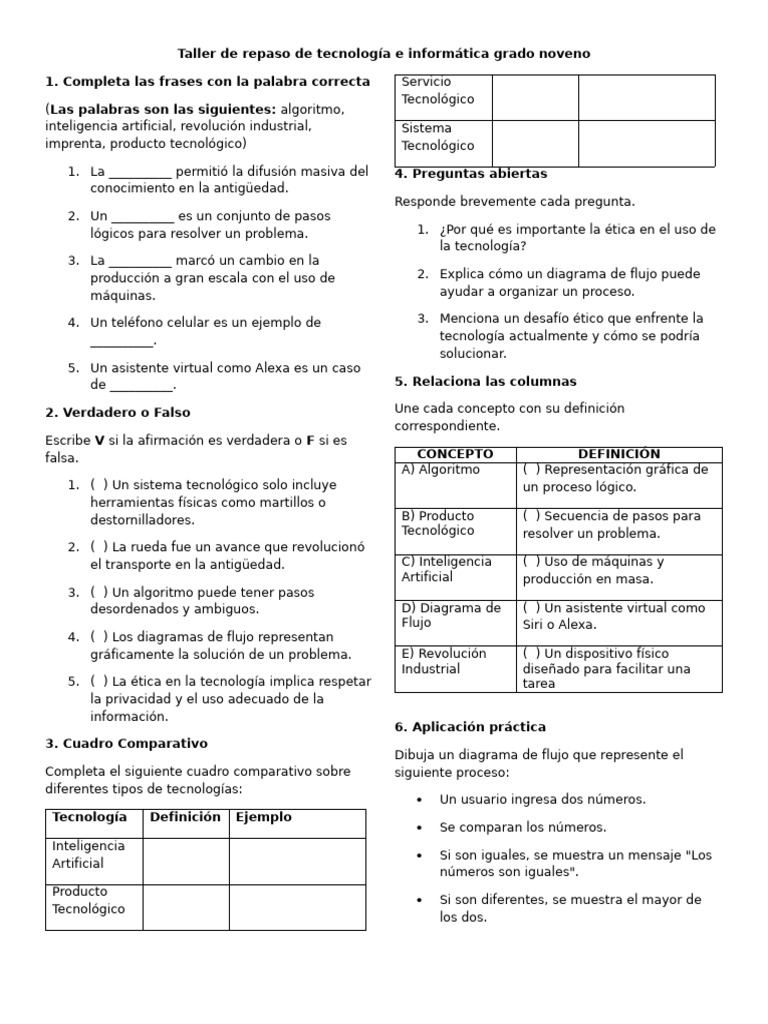 Taller de Repaso de Tecnología e Informática Grado Noveno | PDF ...
