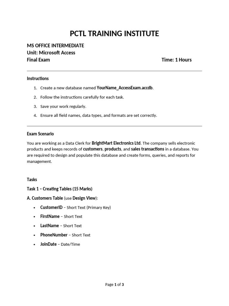 MS Access Exam: Database Design Tasks | PDF | Databases | Microsoft Access