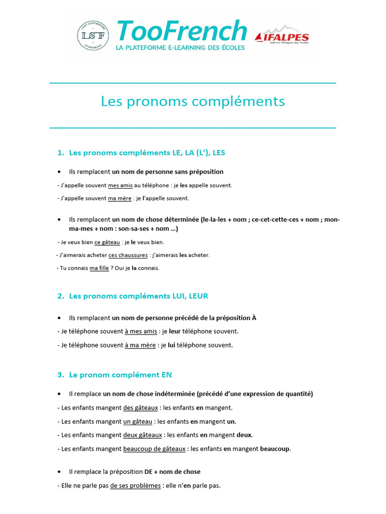Guide des pronoms compléments en français | PDF | Verbe | Pronom