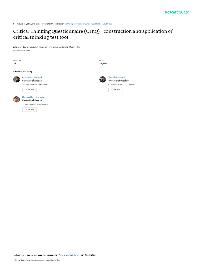 Critical Thinking Questionnaire CTH ...