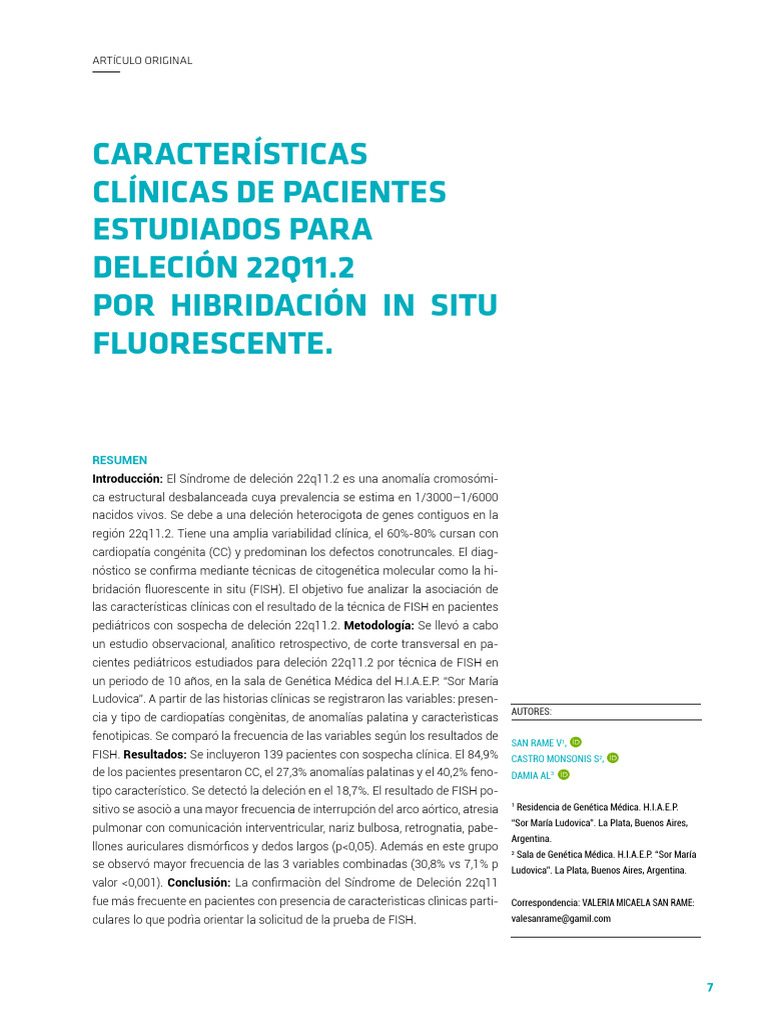 Características Clínicas de Pacientes Estudiados para Deleción 22q11.2 ...