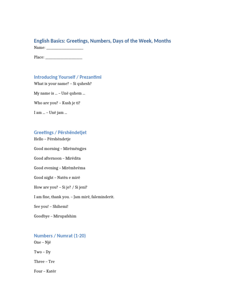 English Basics Greetings Numbers Days Months Dialogue | PDF