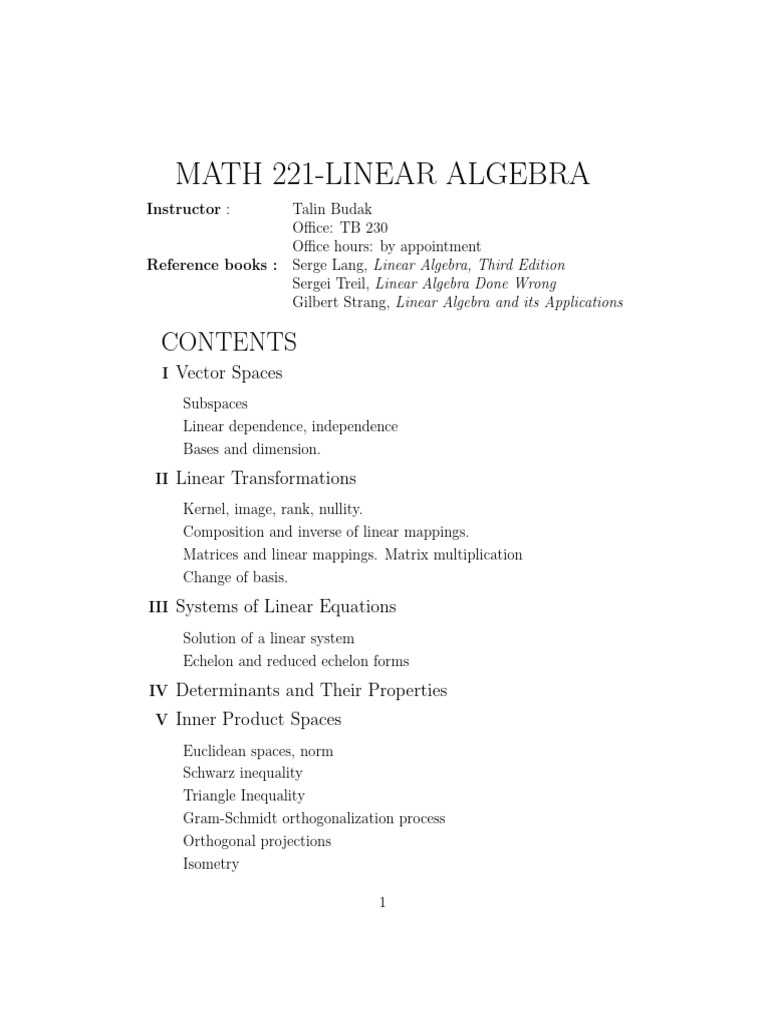 Linear Algebra Course Outline MATH 221 | PDF