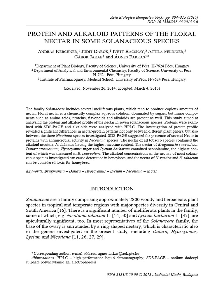 Paper - 2015 - Protein and Alkaloid Patterns of The Floral Nectar in ...