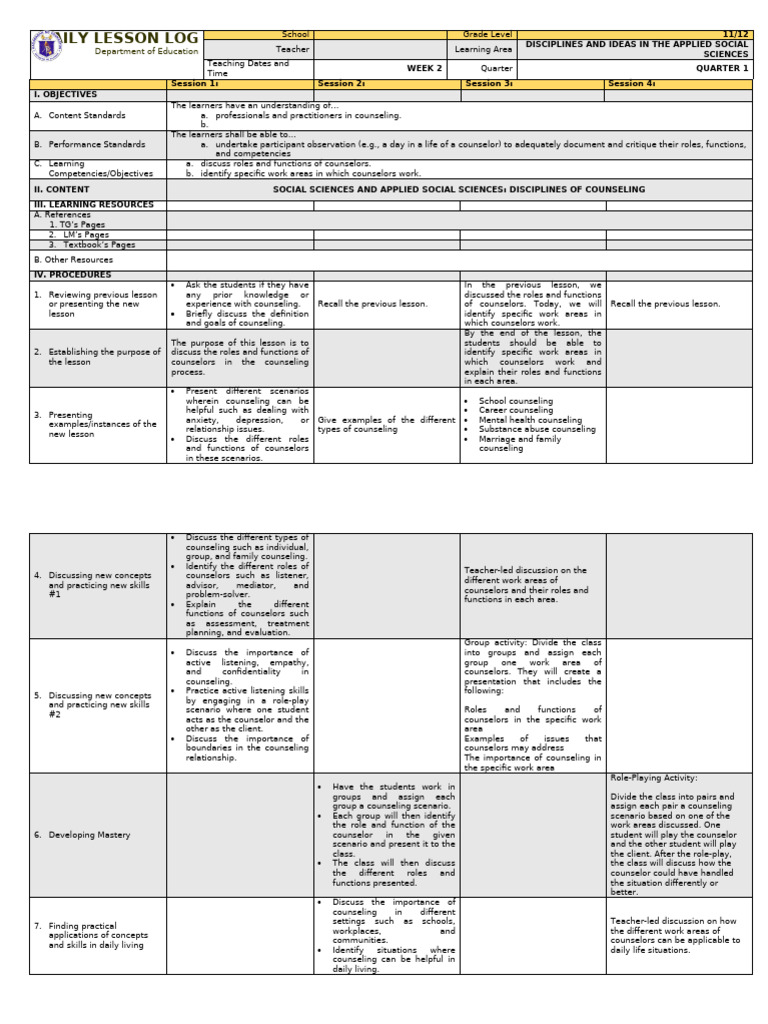 Counseling Roles and Functions Lesson Plan | PDF | Psychotherapy ...