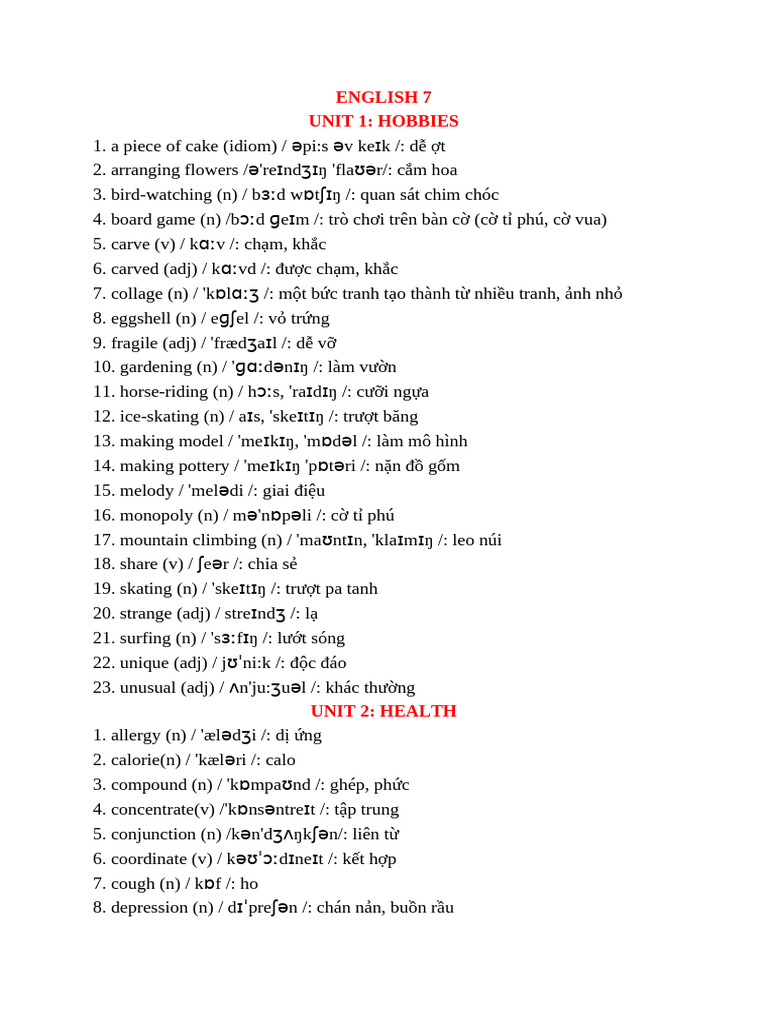 English 7 Unit 1: Hobbies | PDF