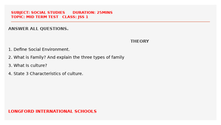 Jss2 Social Studies Test | PDF
