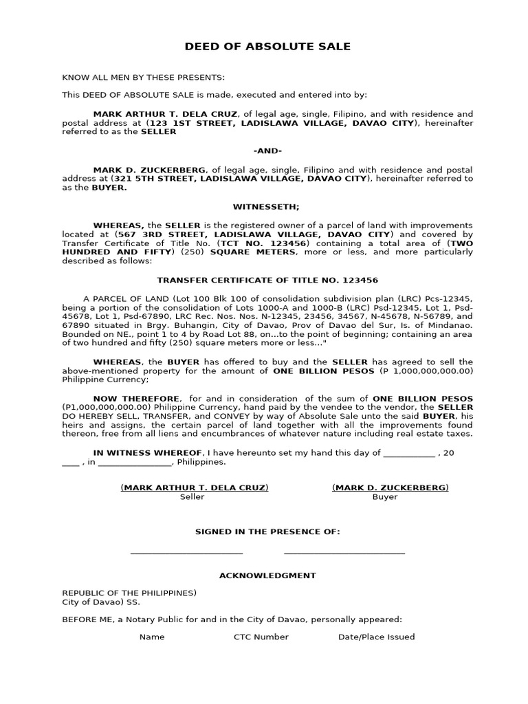 Deed of Absolute Sale | PDF | Assignment (Law) | Affidavit