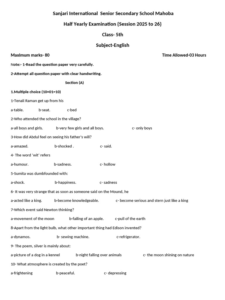 Class 5 English Half Yearly Exam 2025-26 | PDF | Grammatical Gender ...