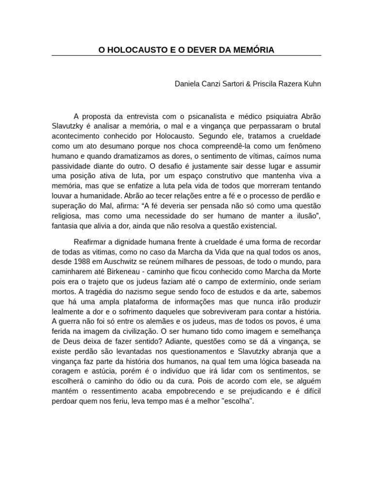 Memória e Perdão no Holocausto | PDF