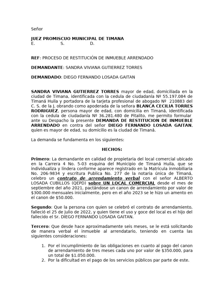 Demanda de Restitución de Inmueble Arrendado | PDF | Ley común