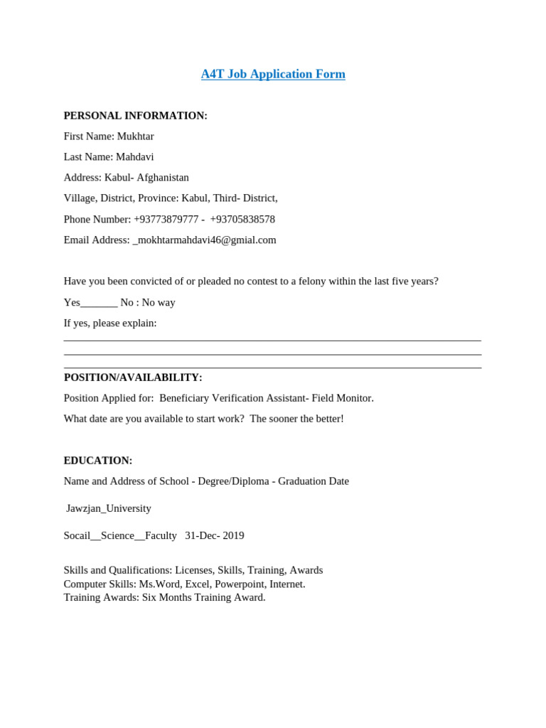Job Application Form - F.word | PDF