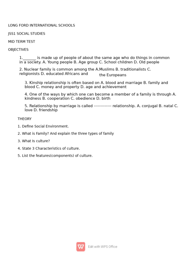 Jss1 Social Studies Test | PDF