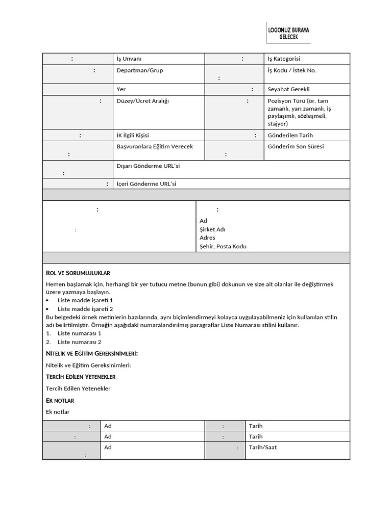 Gorev Is Tanimi Formu Ornegi Word | PDF