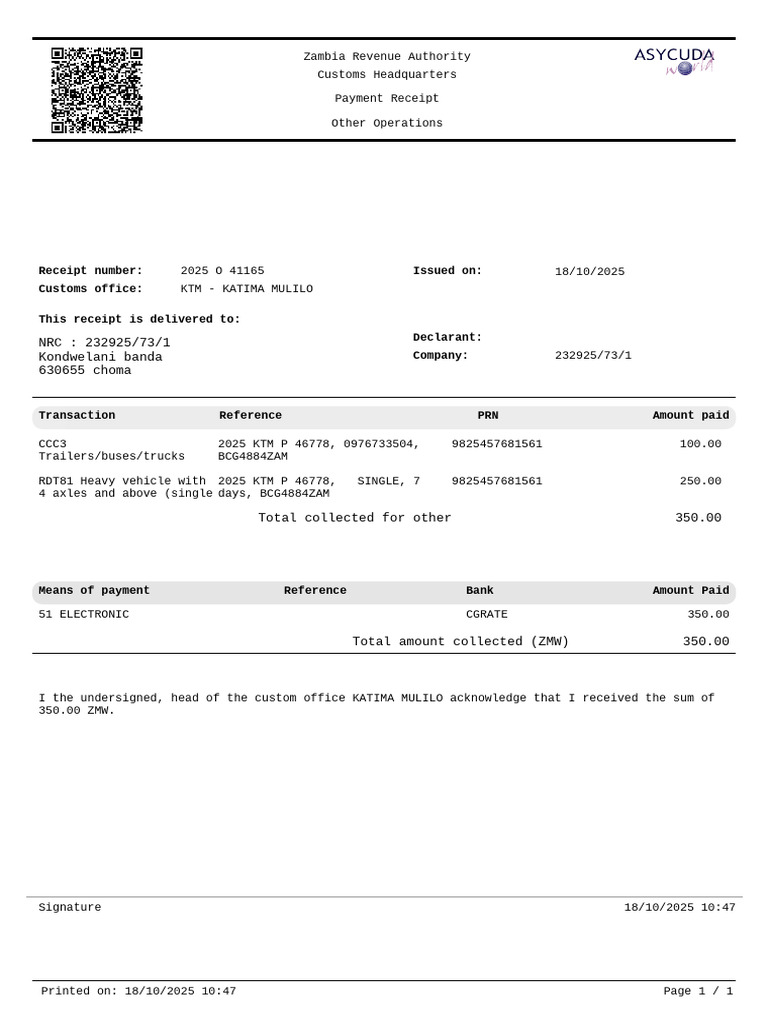 Zambia Customs Payment Receipt 2025 | PDF