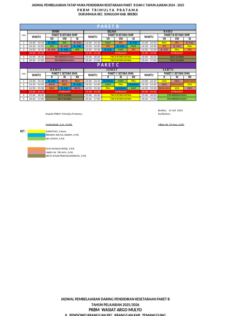 Jadwal Pembelajaran Paket B dan C 2024 | PDF