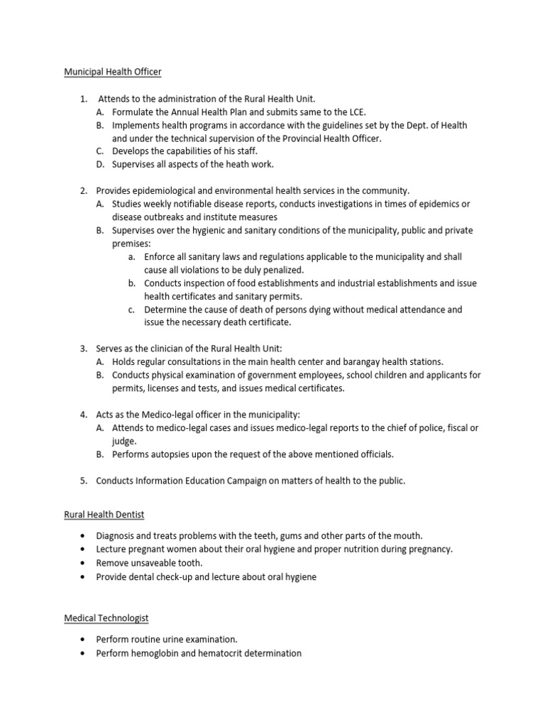 Rural Health Unit Roles and Responsibilities | PDF | Sanitation | Midwifery