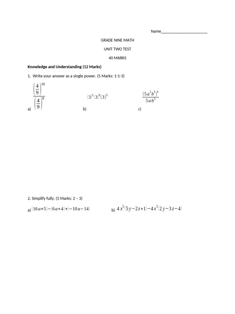 Grade 9 Math Unit 2 Test Questions | PDF | Polynomial | Algebra