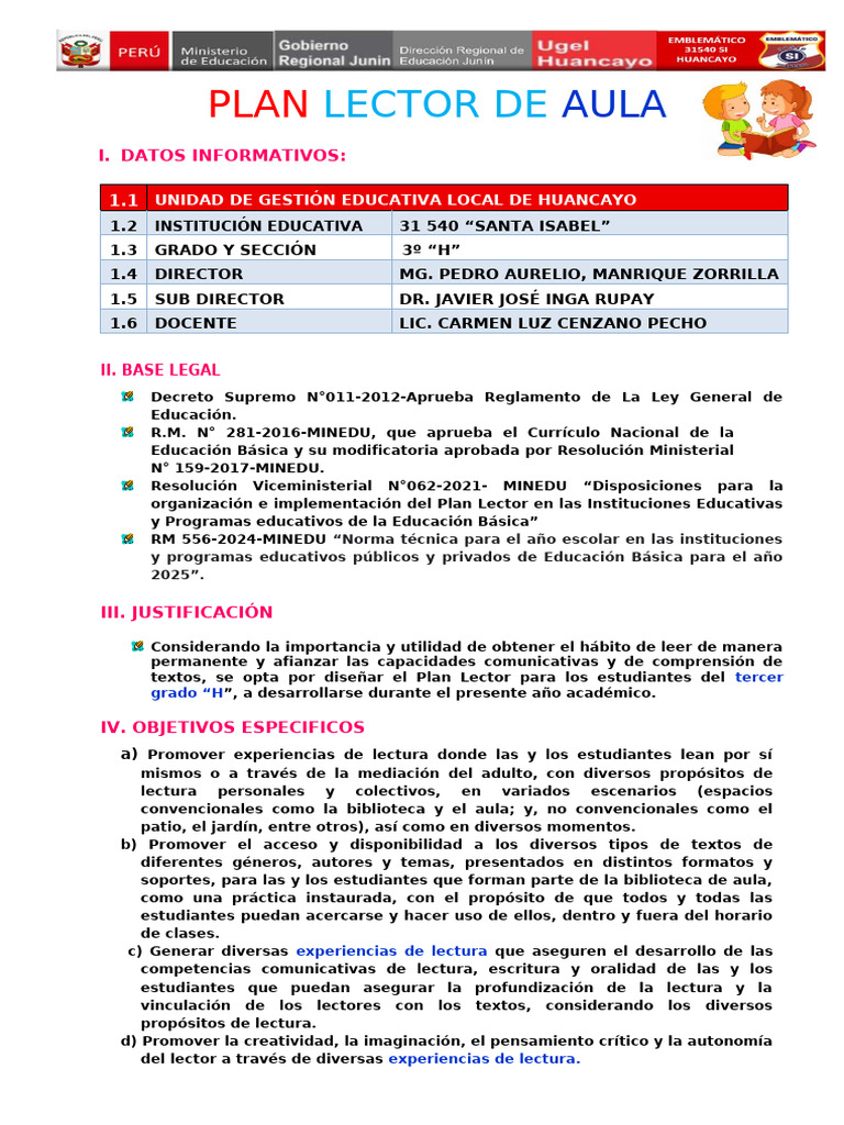 Plan Lector para 3º Grado "H" | PDF | Salón de clases | Maestros