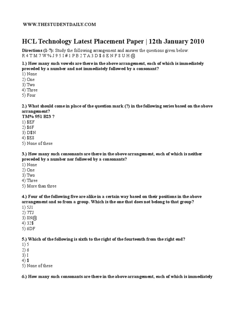 HCL Technology Latest Placement Paper - 12th January 2010: R4TM7W%J95I ...