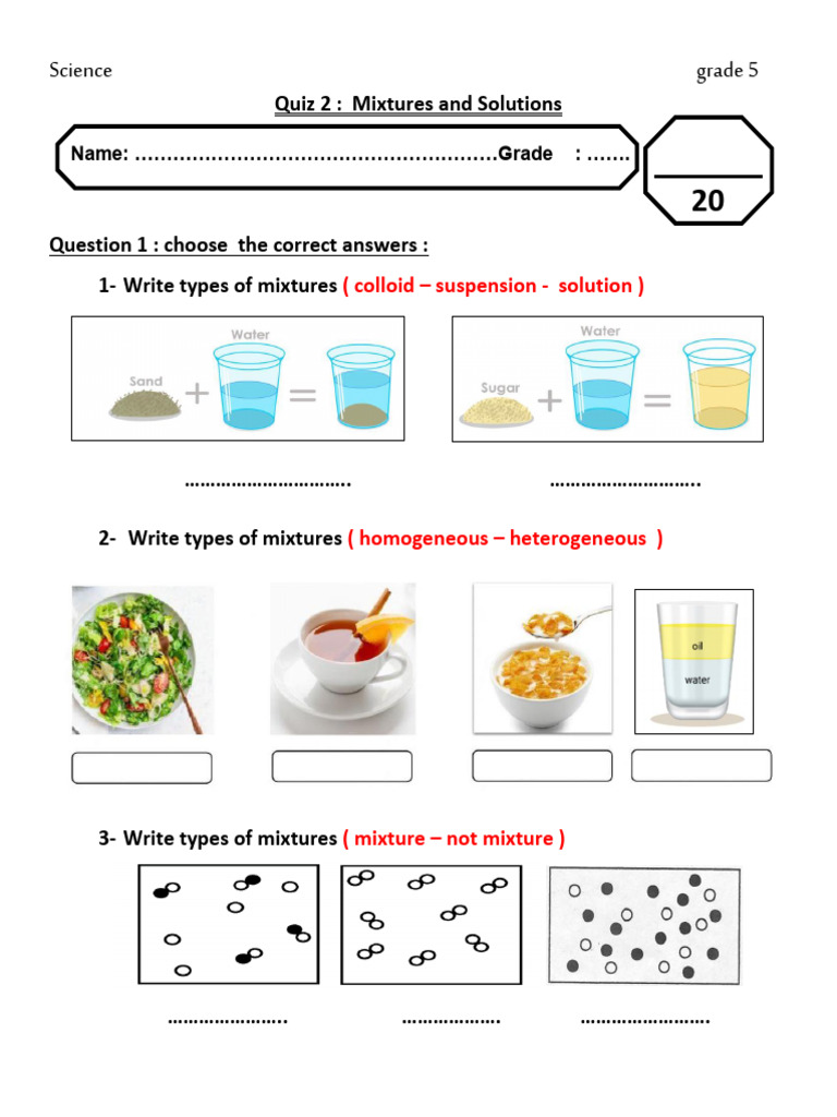 Grade 5 Mixtures and Solutions Quiz | PDF