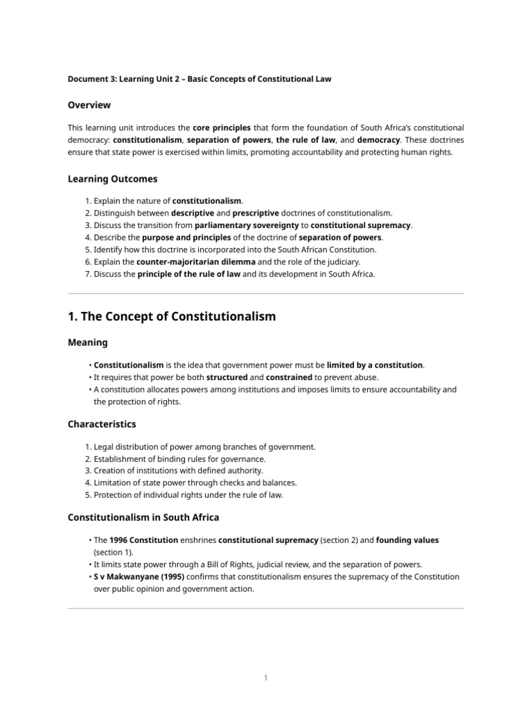 Constitutional Law Lu2 Notes | PDF | Rule Of Law | Separation Of Powers