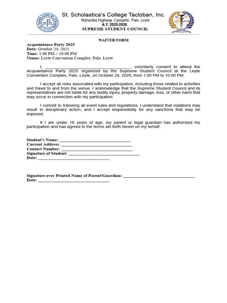 Acquaintance Party 2025 Waiver Form | PDF