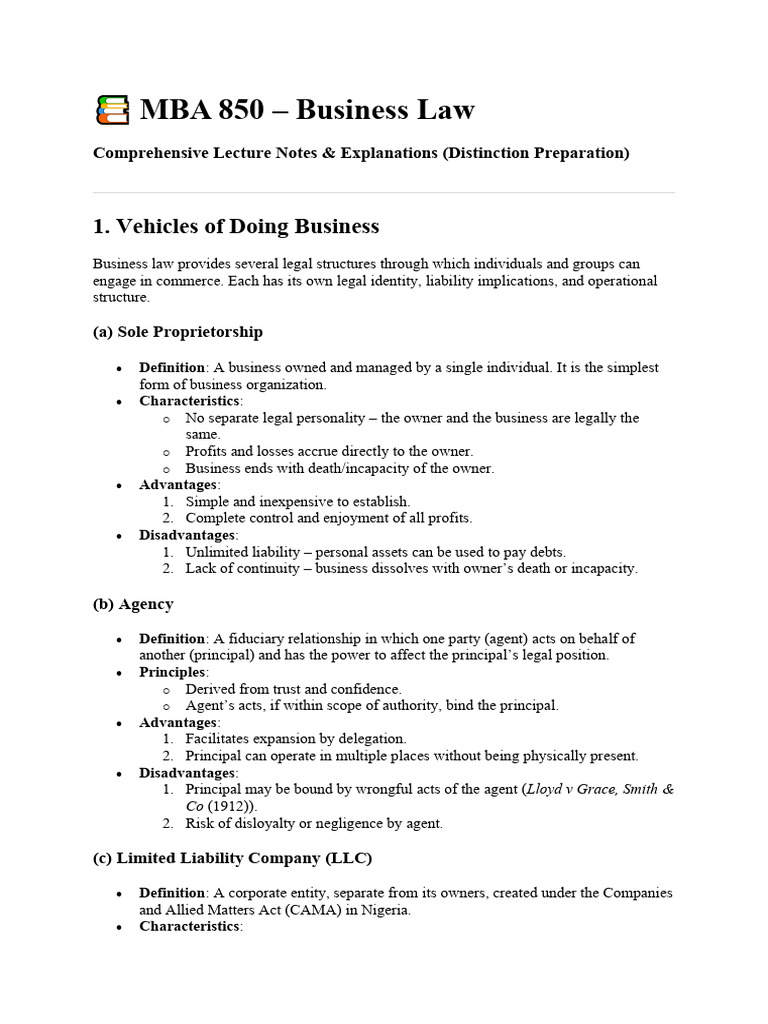 Business Law MBA 850 Lecture Notes | PDF | Partnership | Legal Liability