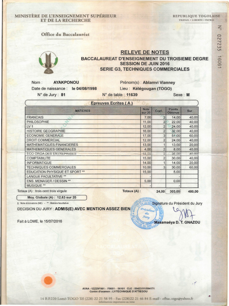 Relevé de Notes Baccalauréat 2016 Togo | PDF | Docimologie ...