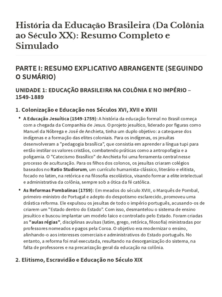 História da Educação Brasileira: Resumo e Simulado | PDF | Pedagogia ...