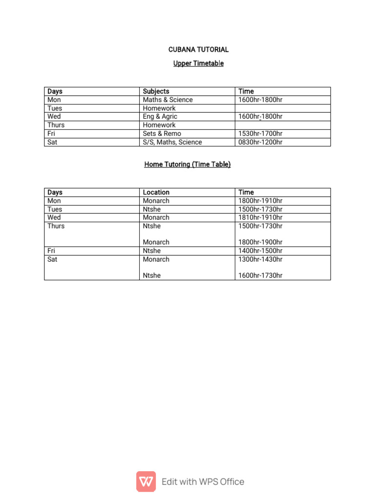 CUBANA Home Tutoring Schedule | PDF