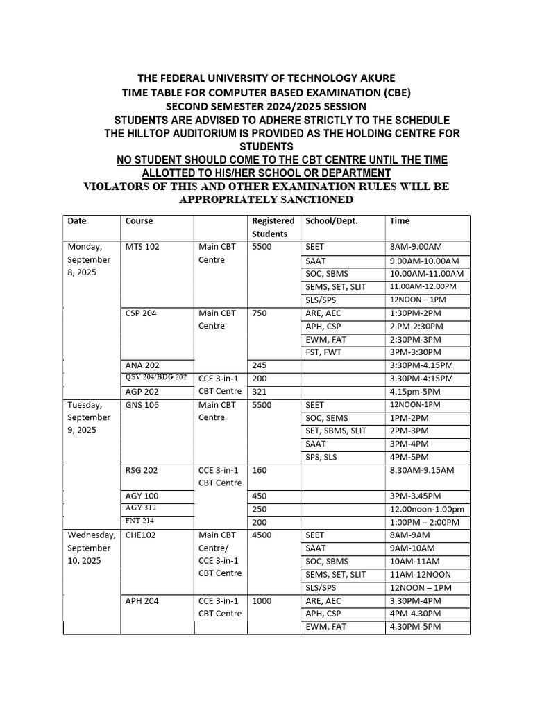 FUTA 2024/2025 CBE Exam Timetable | PDF